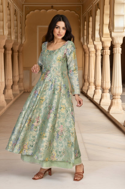 Mint Green Floral Print Tape Anarkali Jacquard Kurta with Flared Pant and Dupatta Set