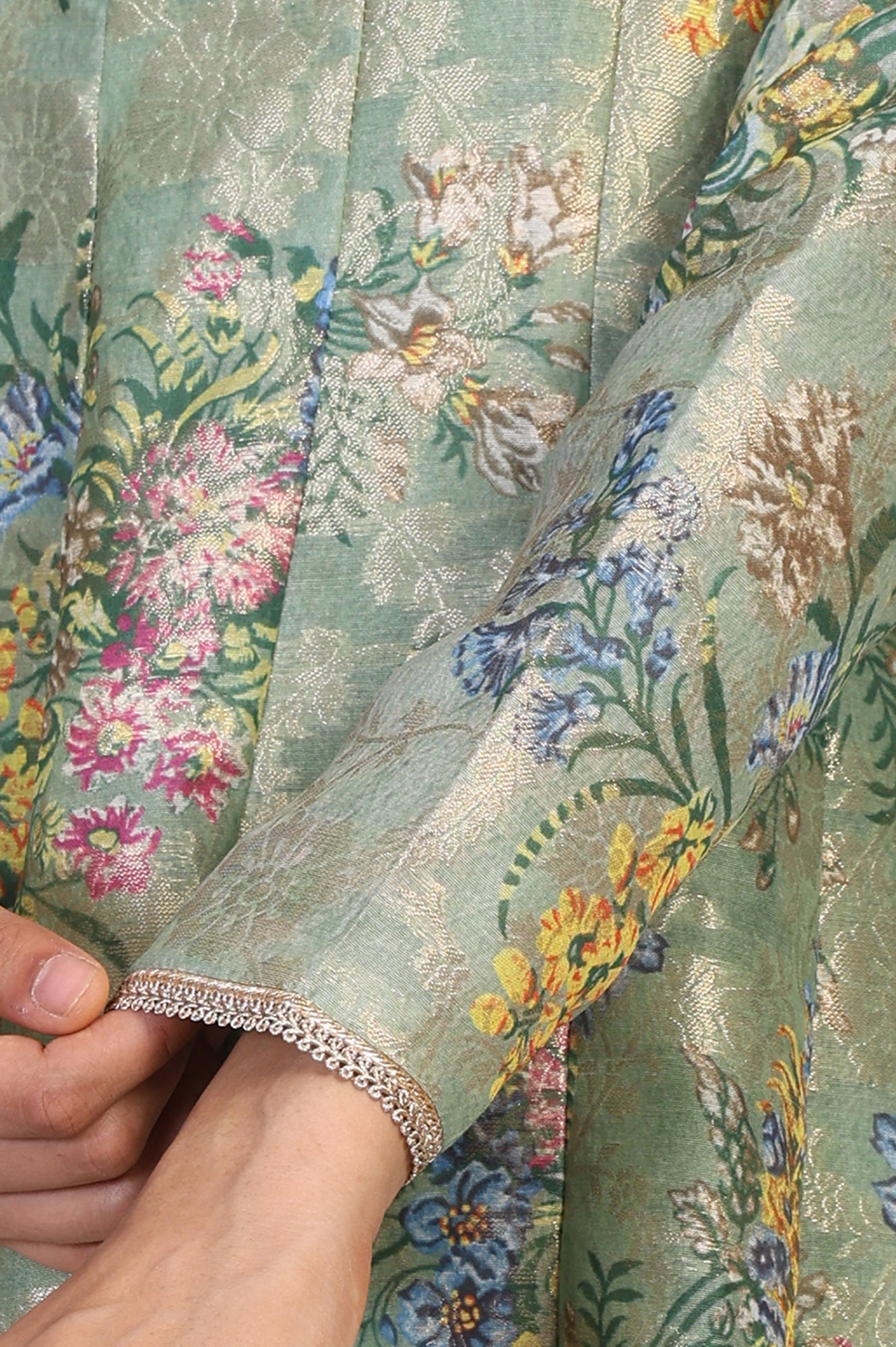 Mint Green Floral Print Tape Anarkali Jacquard Kurta with Flared Pant and Dupatta Set