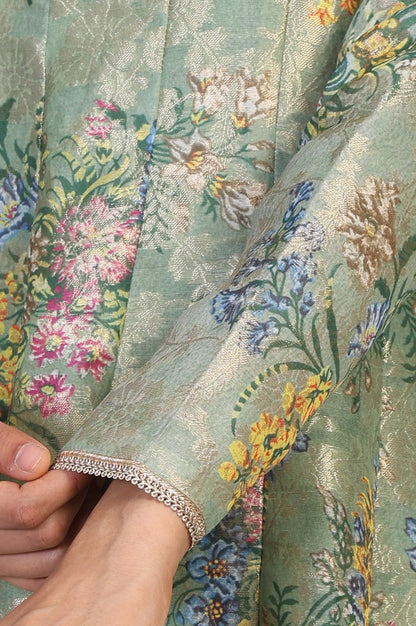 Mint Green Floral Print Tape Anarkali Jacquard Kurta with Flared Pant and Dupatta Set