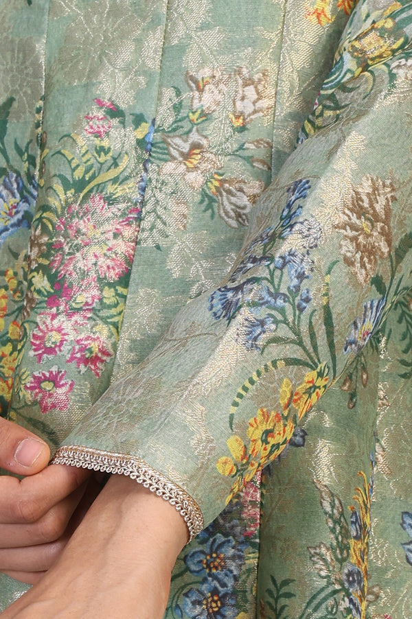 Mint Green Floral Print Tape Anarkali Jacquard Kurta with Flared Pant and Dupatta Set