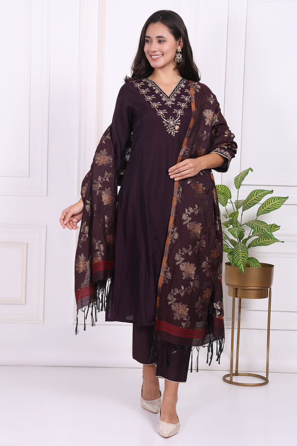 Purple Embroidered Straight Kurta, Pants and Dupatta Set