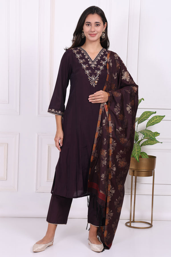 Purple Embroidered Straight Kurta, Pants and Dupatta Set