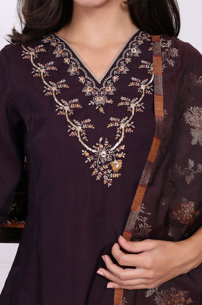 Purple Embroidered Straight Kurta, Pants and Dupatta Set