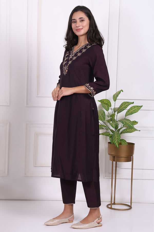 Purple Embroidered Straight Kurta, Pants and Dupatta Set