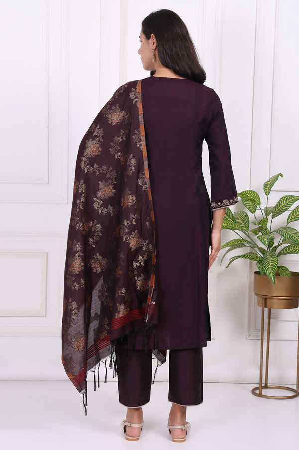 Purple Embroidered Straight Kurta, Pants and Dupatta Set