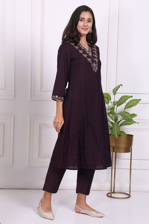Purple Embroidered Straight Kurta, Pants and Dupatta Set