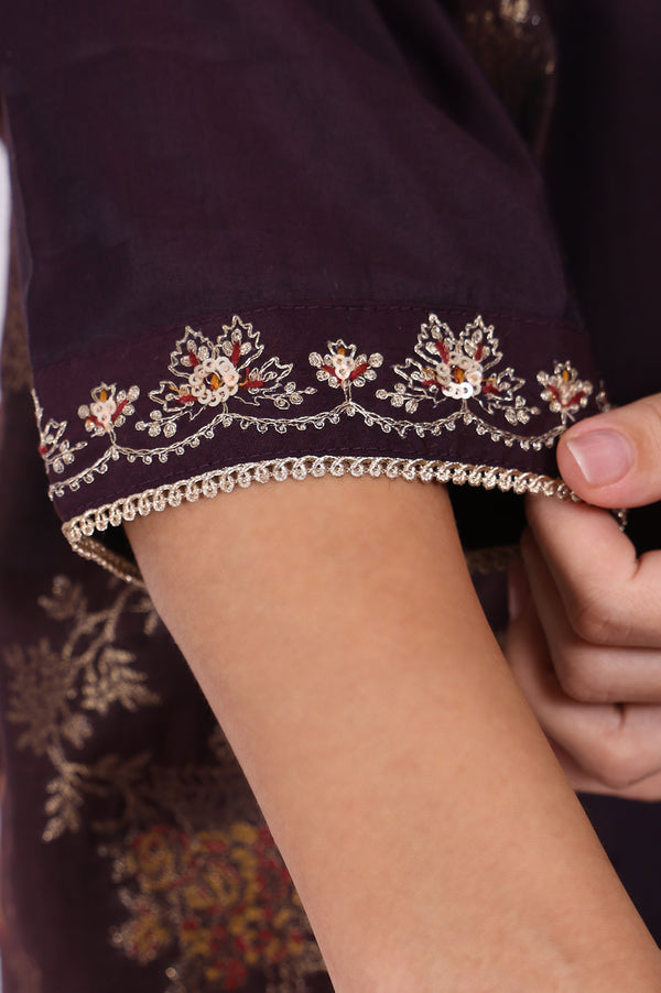 Purple Embroidered Straight Kurta, Pants and Dupatta Set