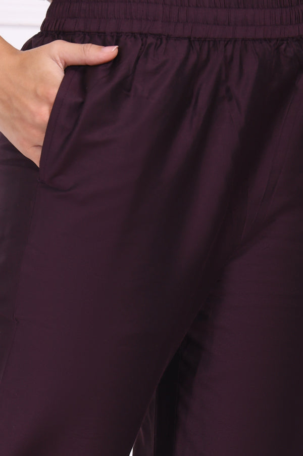 Purple Embroidered Straight Kurta, Pants and Dupatta Set