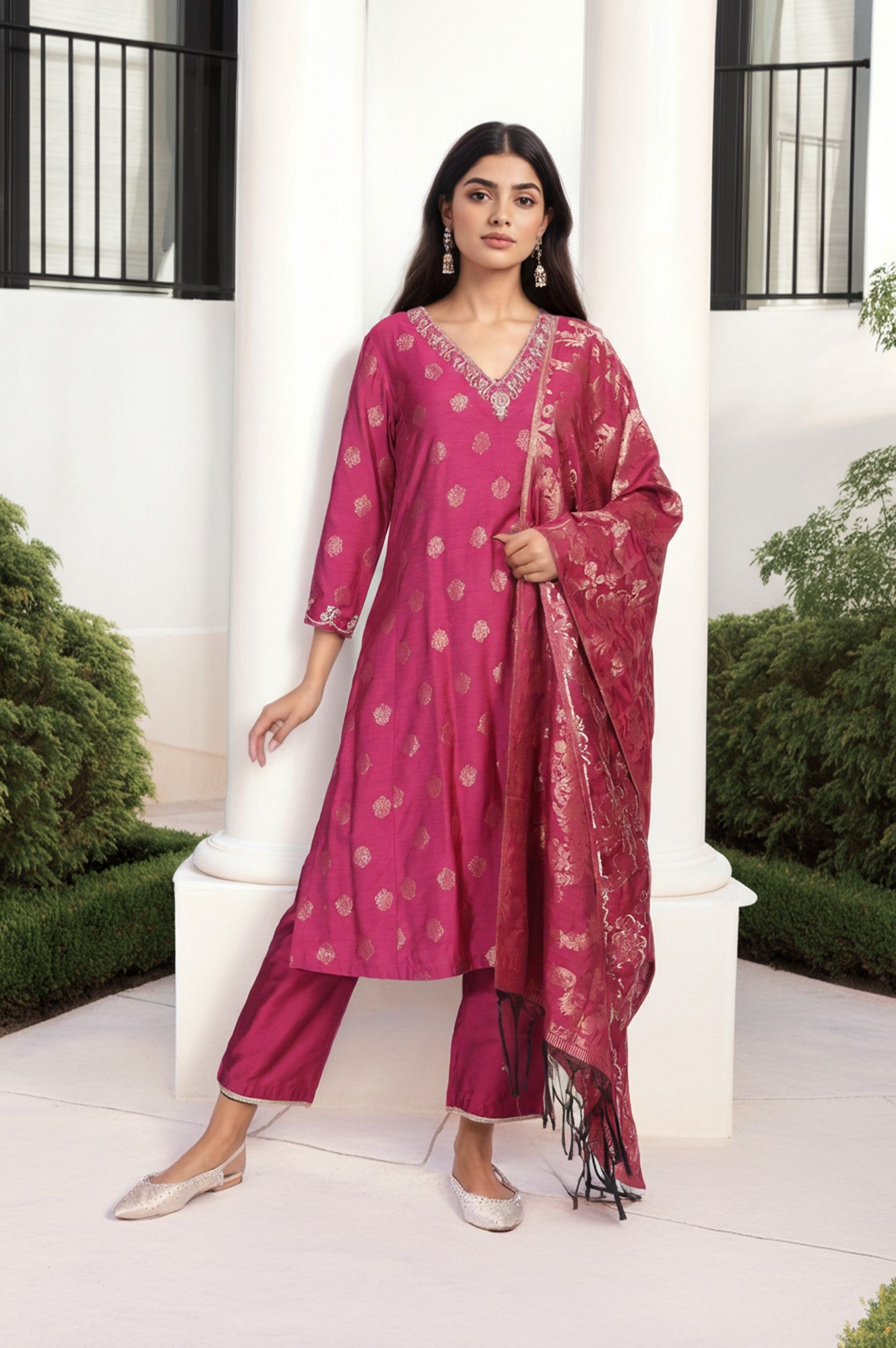 W for Woman pink zari embroidered A-line jacquard kurta set with straight pant and dupatta