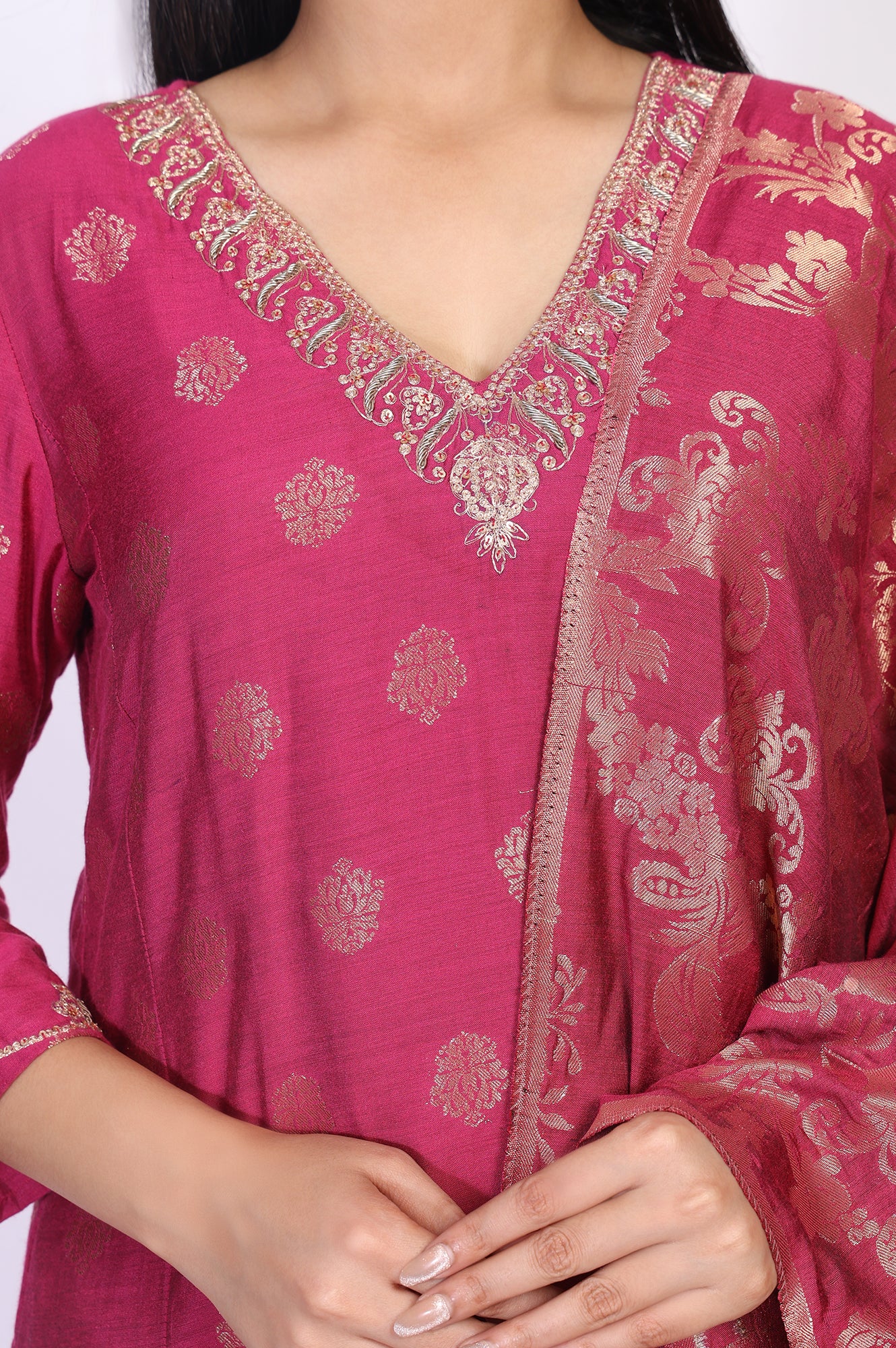 Magenta Embroidered Jacquard A-Line Kurta with Straight Pant and Dupatta Set