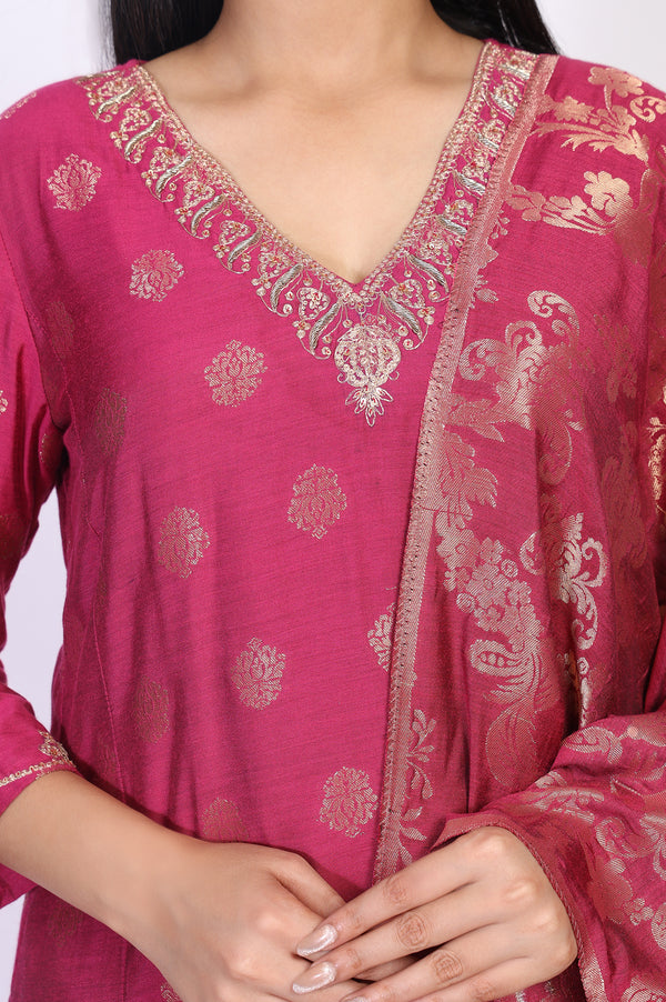 Magenta Embroidered Jacquard A-Line Kurta with Straight Pant and Dupatta Set