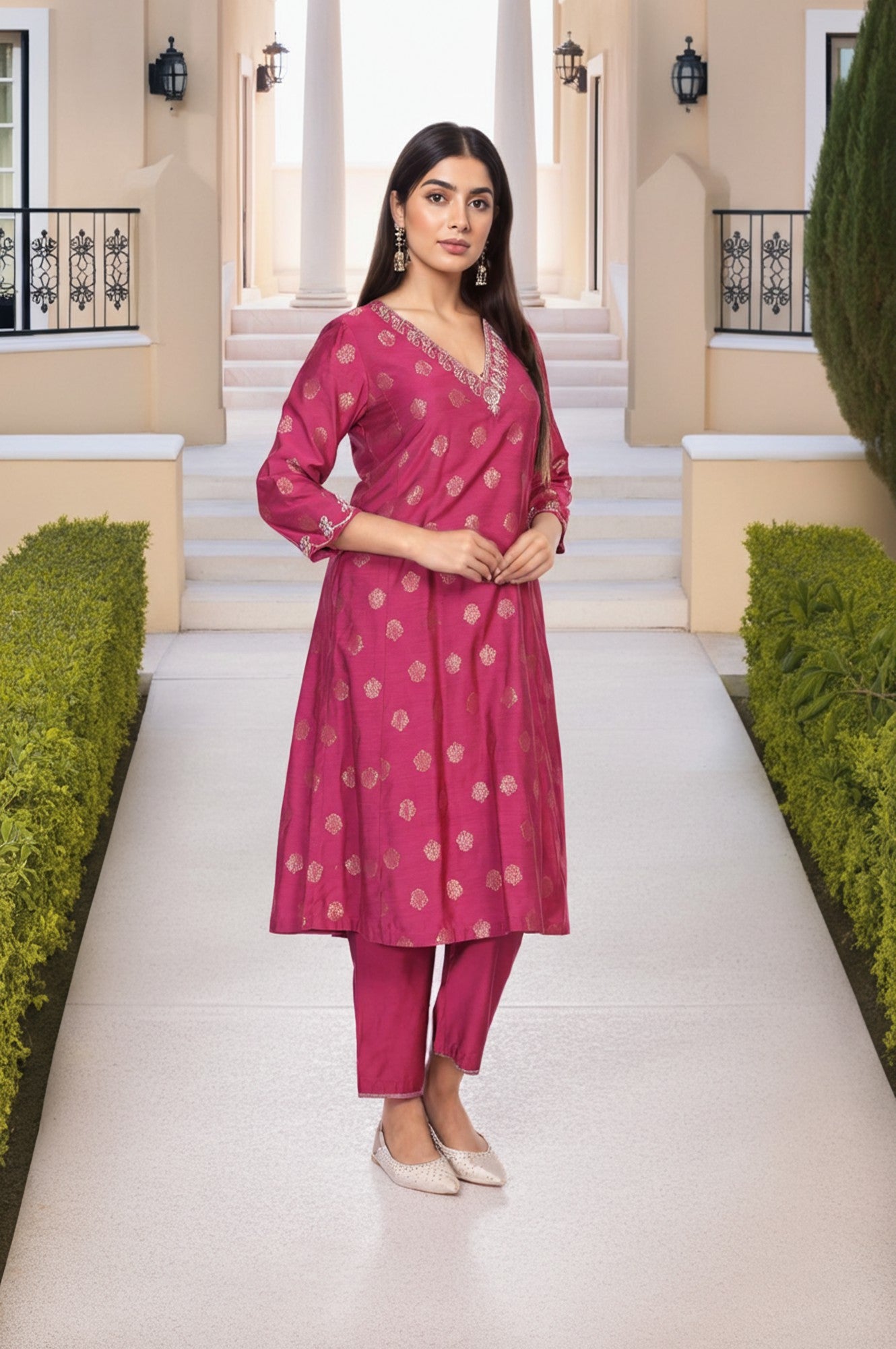 Magenta Embroidered Jacquard A-Line Kurta with Straight Pant and Dupatta Set