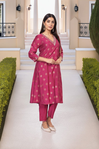 Magenta Embroidered Jacquard A-Line Kurta with Straight Pant and Dupatta Set