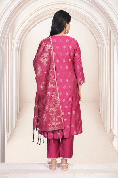 Magenta Embroidered Jacquard A-Line Kurta with Straight Pant and Dupatta Set