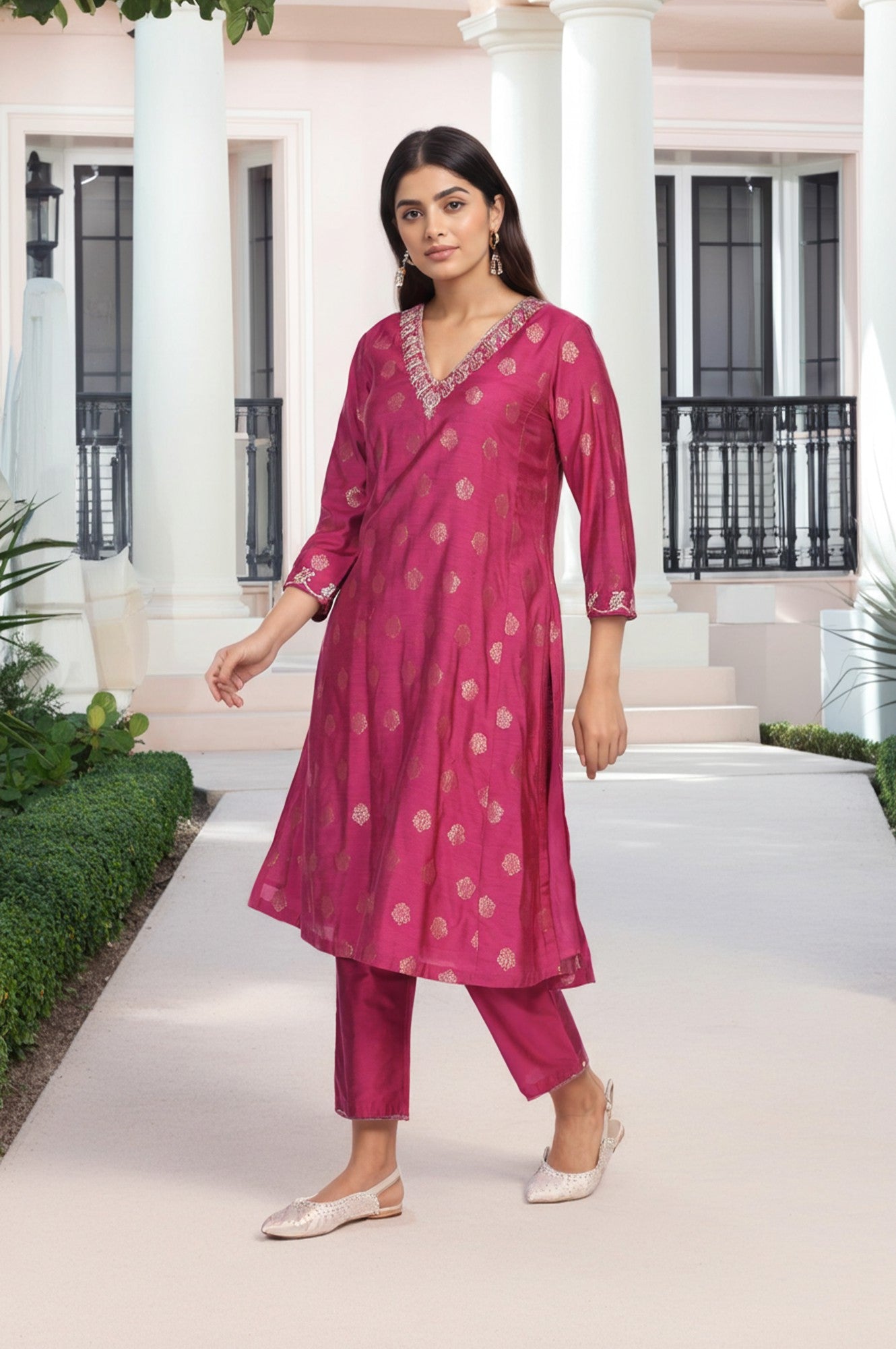 Magenta Embroidered Jacquard A-Line Kurta with Straight Pant and Dupatta Set