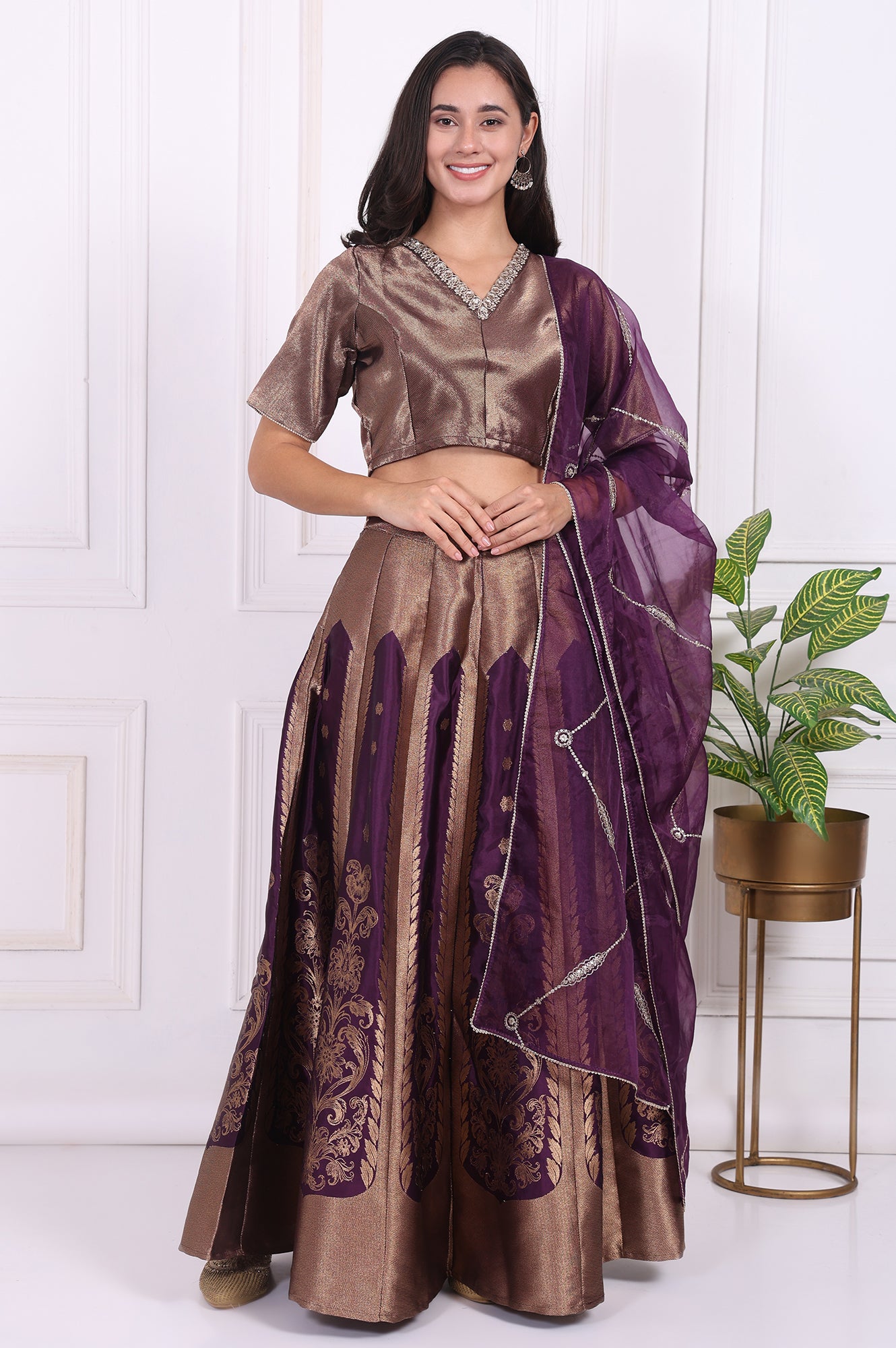 Purple Embellished Jacquard Straight Crop Top, Skirt and Dupatta Set