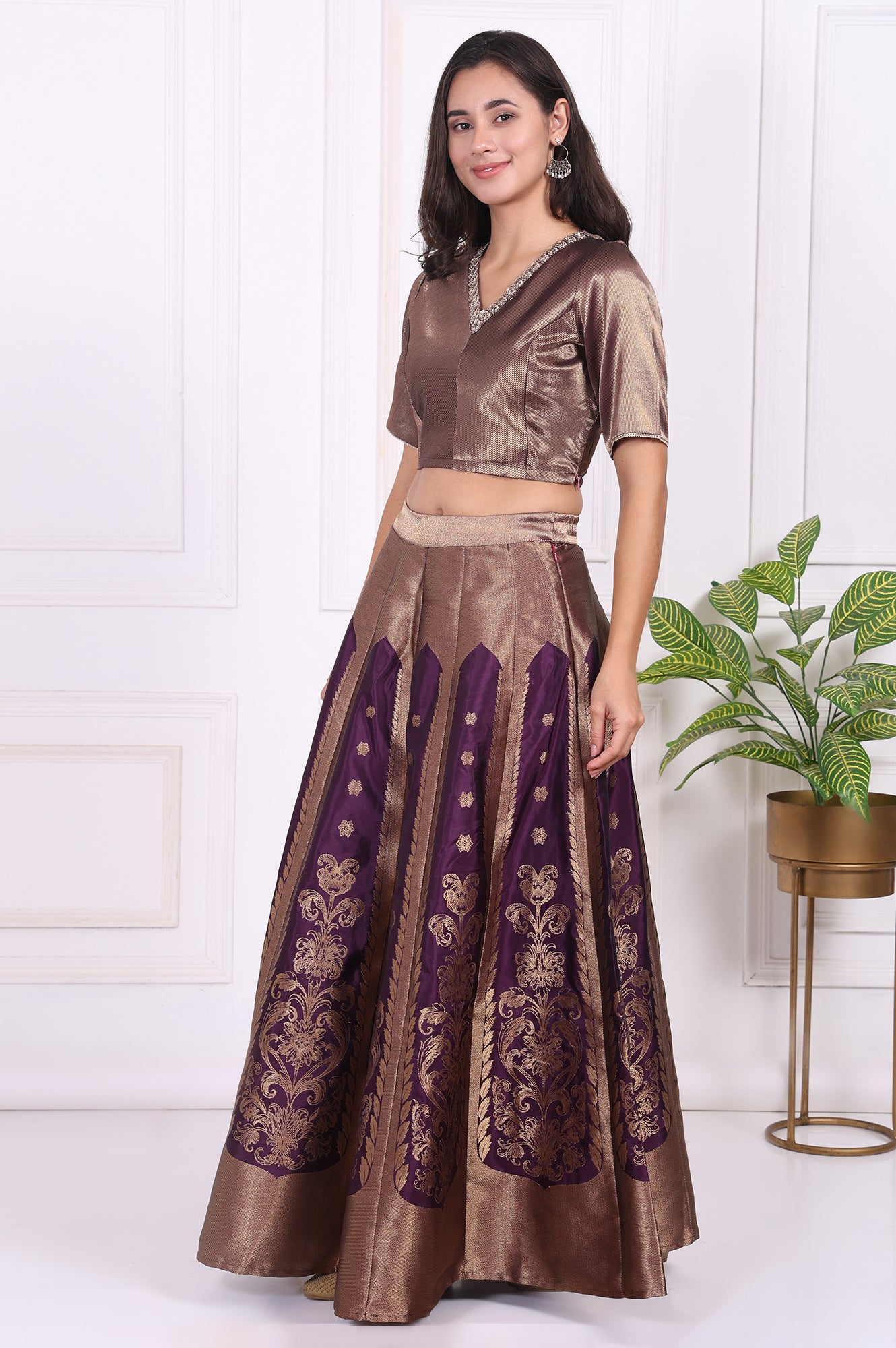 Purple Embellished Jacquard Straight Crop Top, Skirt and Dupatta Set