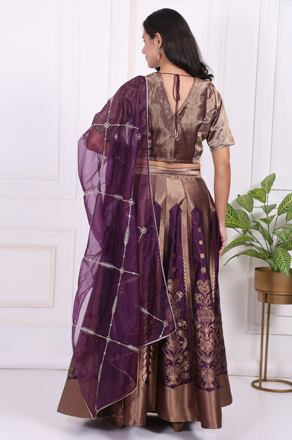 Purple Embellished Jacquard Straight Crop Top, Skirt and Dupatta Set