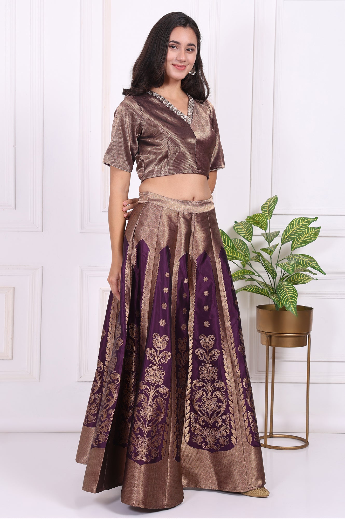 Purple Embellished Jacquard Straight Crop Top, Skirt and Dupatta Set