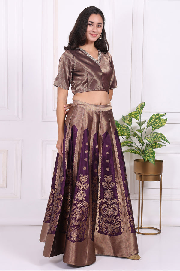 Purple Embellished Jacquard Straight Crop Top, Skirt and Dupatta Set