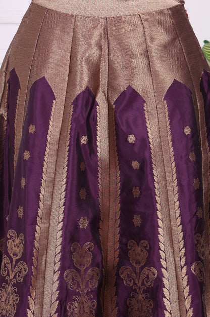 Purple Embellished Jacquard Straight Crop Top, Skirt and Dupatta Set