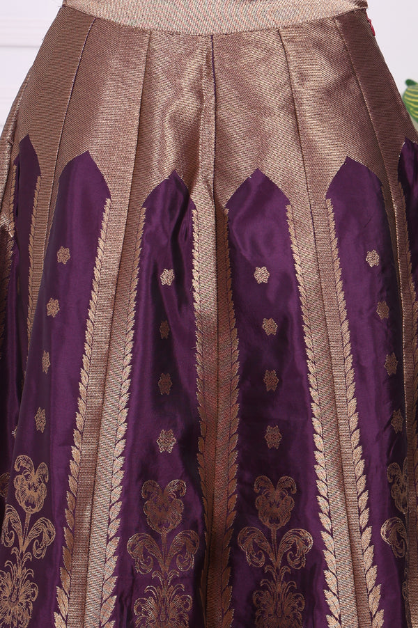 Purple Embellished Jacquard Straight Crop Top, Skirt and Dupatta Set