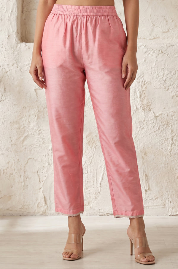 Pink Solid Zari Linen Blend Straight Fit Ankle Length Mid Rise Pant
