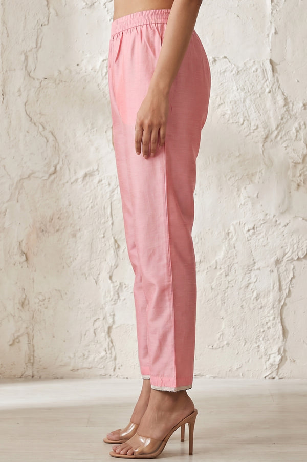 Pink Solid Zari Linen Blend Straight Fit Ankle Length Mid Rise Pant