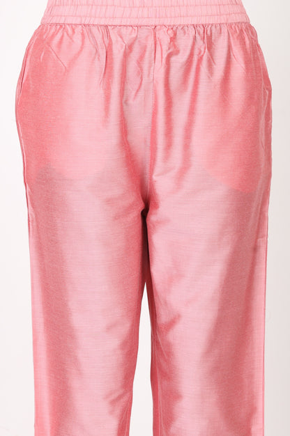 Pink Solid Zari Linen Blend Straight Fit Ankle Length Mid Rise Pant