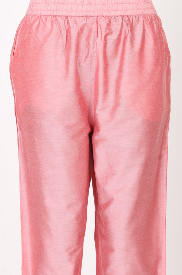 Pink Solid Zari Linen Blend Straight Fit Ankle Length Mid Rise Pant
