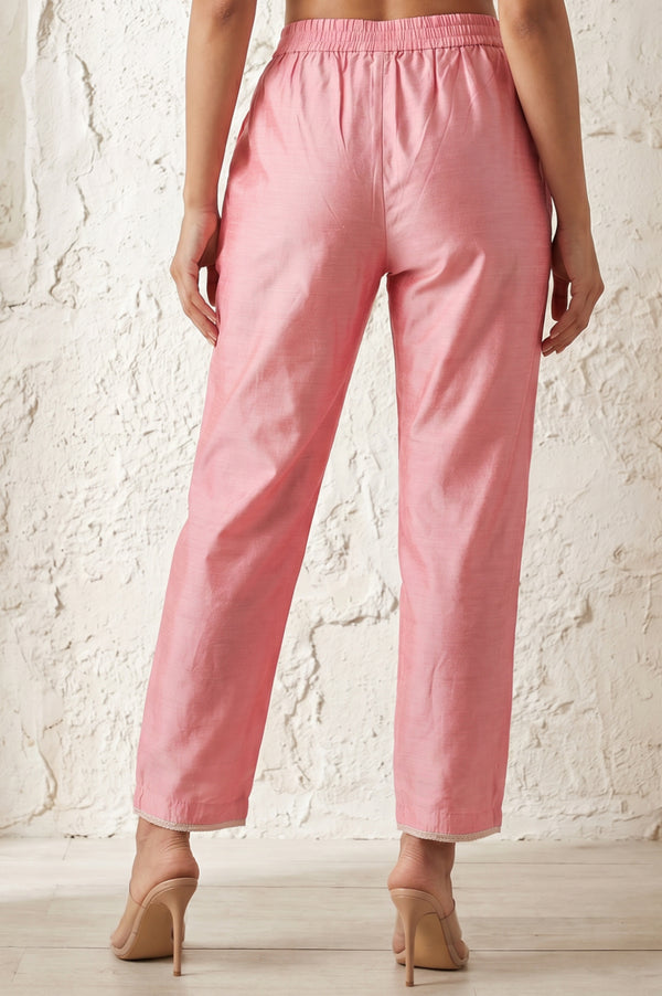 Pink Solid Zari Linen Blend Straight Fit Ankle Length Mid Rise Pant