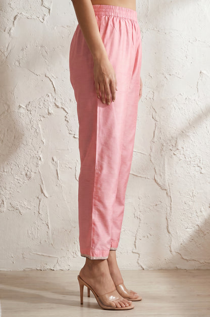 Pink Solid Zari Linen Blend Straight Fit Ankle Length Mid Rise Pant
