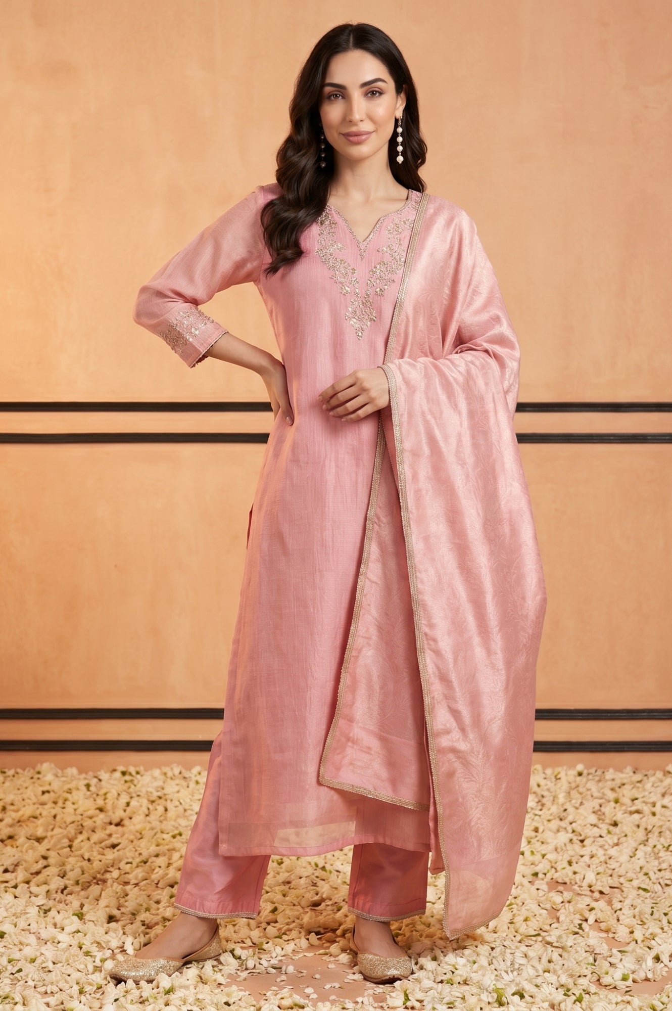 Pink Textured Zari Linen Blend Dupatta