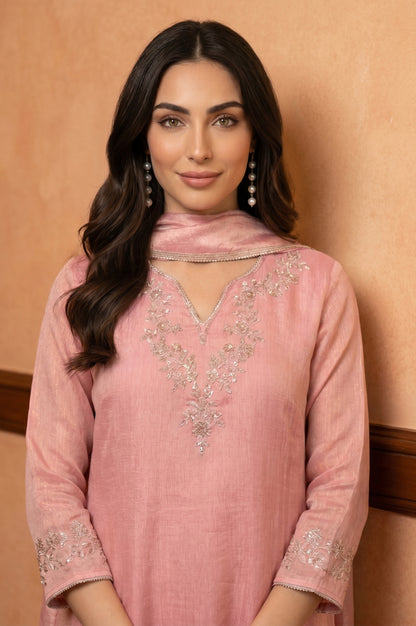 Pink Textured Zari Linen Blend Dupatta