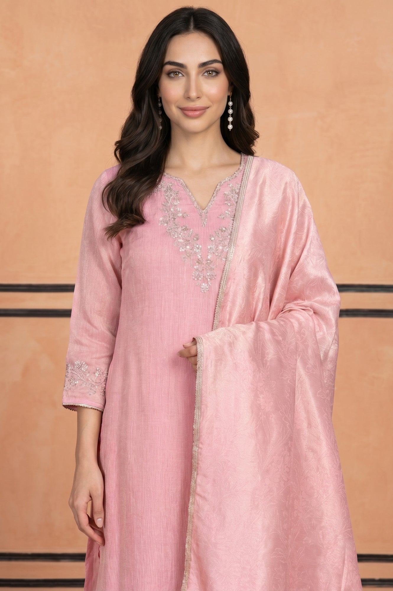 Pink Textured Zari Linen Blend Dupatta
