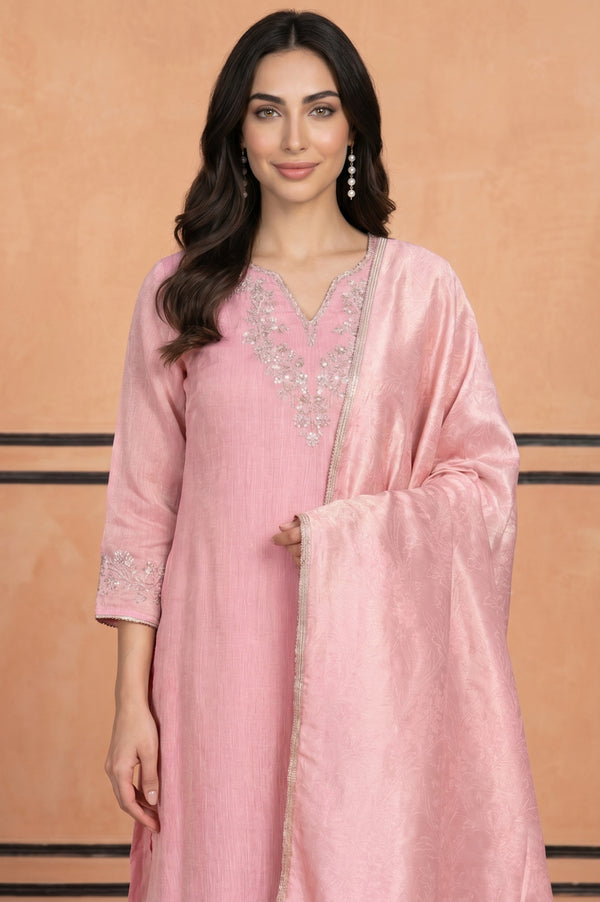 Pink Textured Zari Linen Blend Dupatta