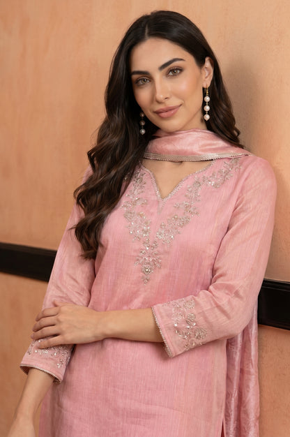 Pink Textured Zari Linen Blend Dupatta