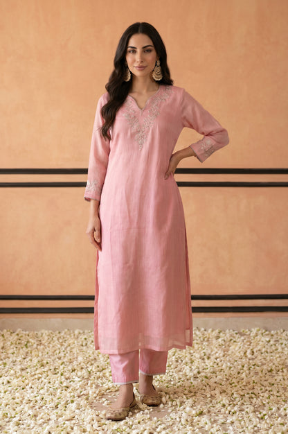 Pink Zari Embroidered Linen Blend Straight Kurta