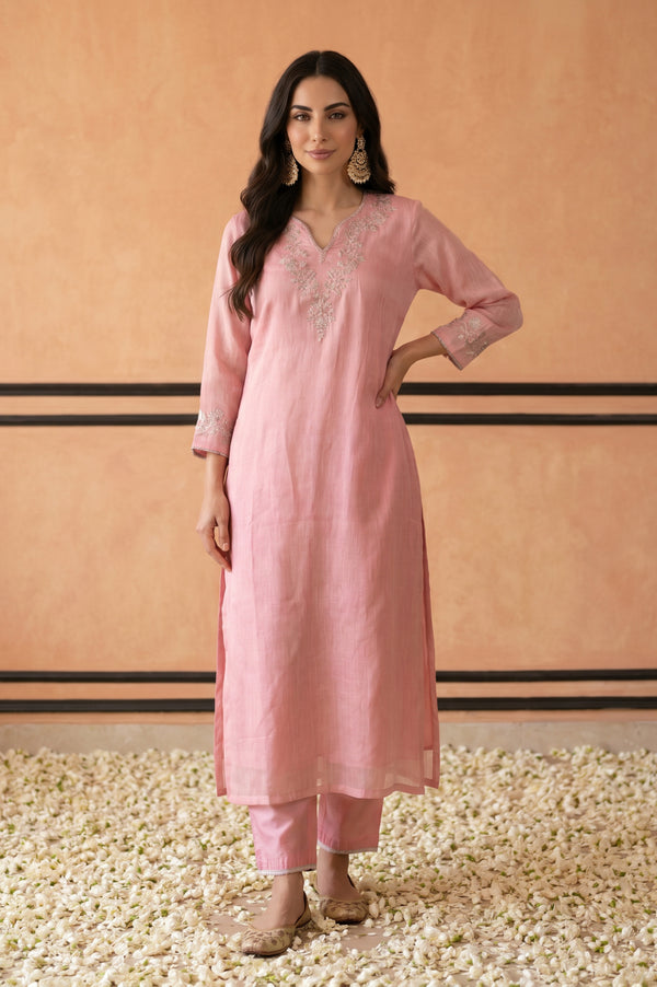 Pink Zari Embroidered Linen Blend Straight Kurta