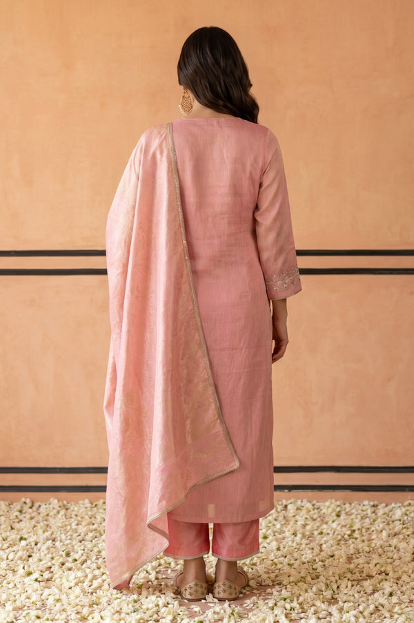 Pink Zari Embroidered Linen Blend Straight Kurta