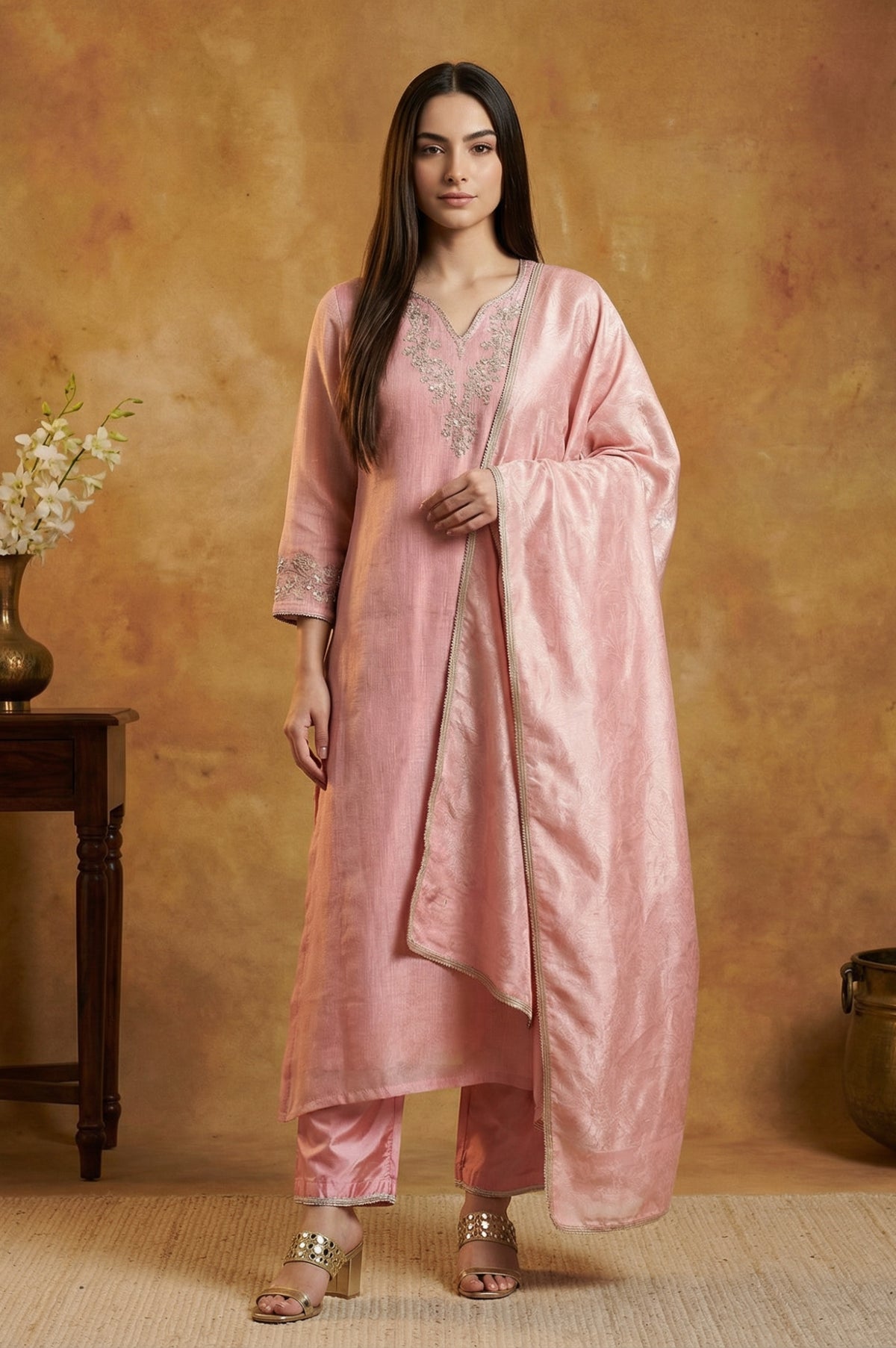 Pink Floral Tissue Straight Kurta with Straight Pant and Dupatta Set - XS