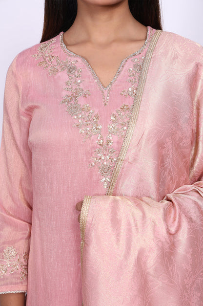 Pink Floral Tissue Straight Kurta with Straight Pant and Dupatta Set