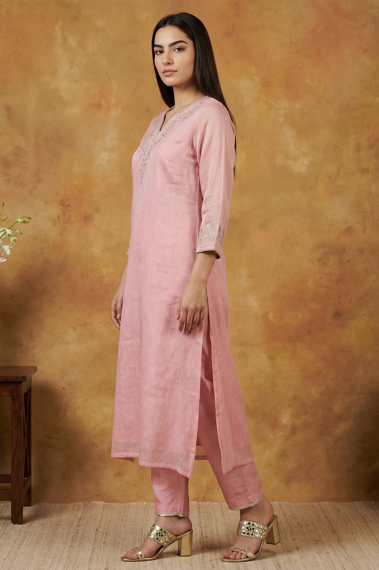 Pink Floral Tissue Straight Kurta with Straight Pant and Dupatta Set