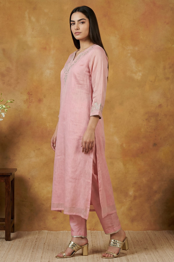 Pink Floral Tissue Straight Kurta with Straight Pant and Dupatta Set