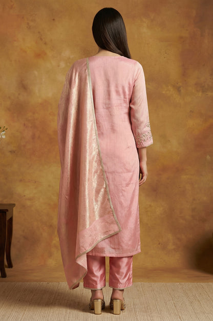 Pink Floral Tissue Straight Kurta with Straight Pant and Dupatta Set