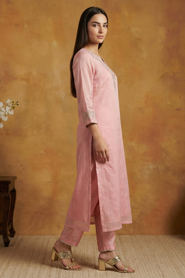 Pink Floral Tissue Straight Kurta with Straight Pant and Dupatta Set