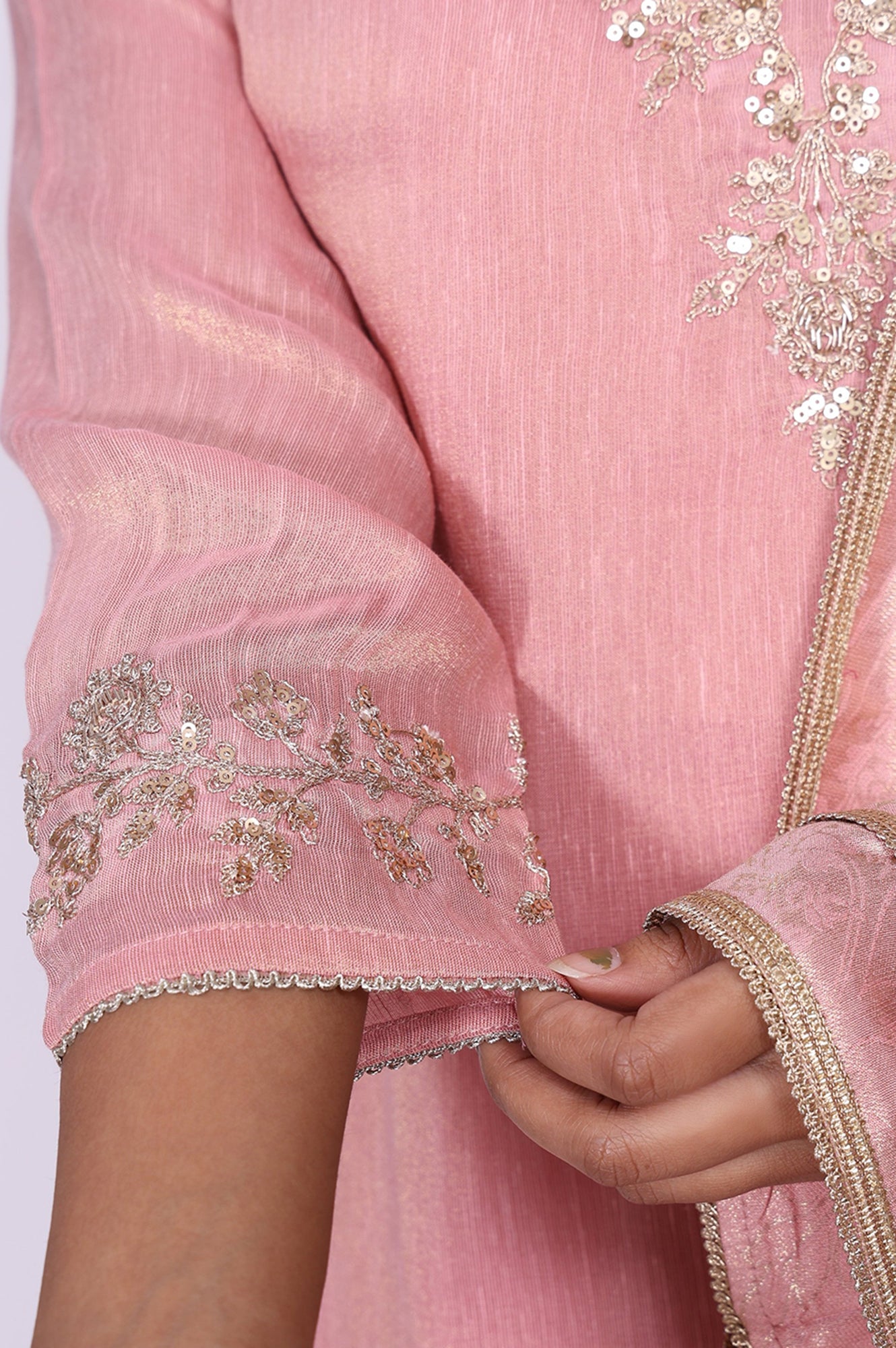 Pink Floral Tissue Straight Kurta with Straight Pant and Dupatta Set