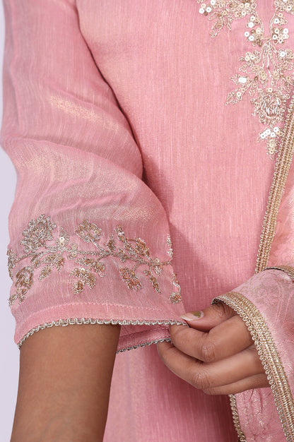 Pink Floral Tissue Straight Kurta with Straight Pant and Dupatta Set