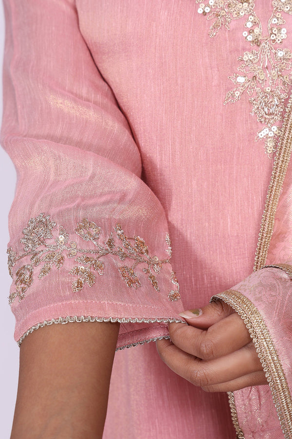 Pink Floral Tissue Straight Kurta with Straight Pant and Dupatta Set