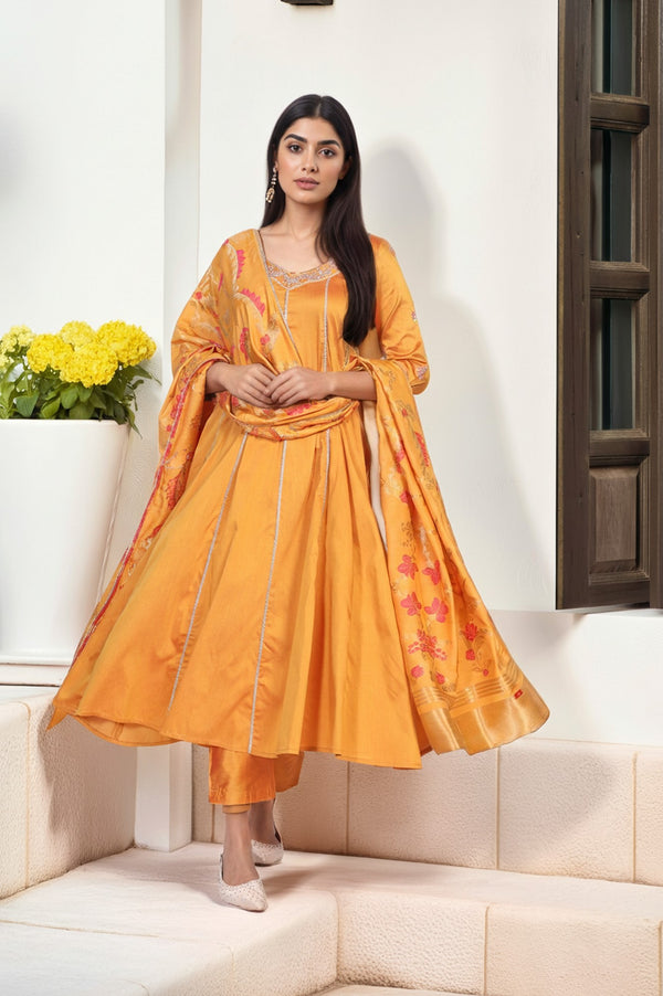 Yellow Embroidered Anarkali Jacquard Kurta with Straight Pant and Dupatta Set